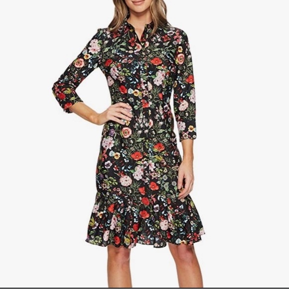 ADRIANNA PALLEL DRESS WOMEN SIZE 9 BLACK FLORAL PEPLUM HEM - Picture 13 of 14